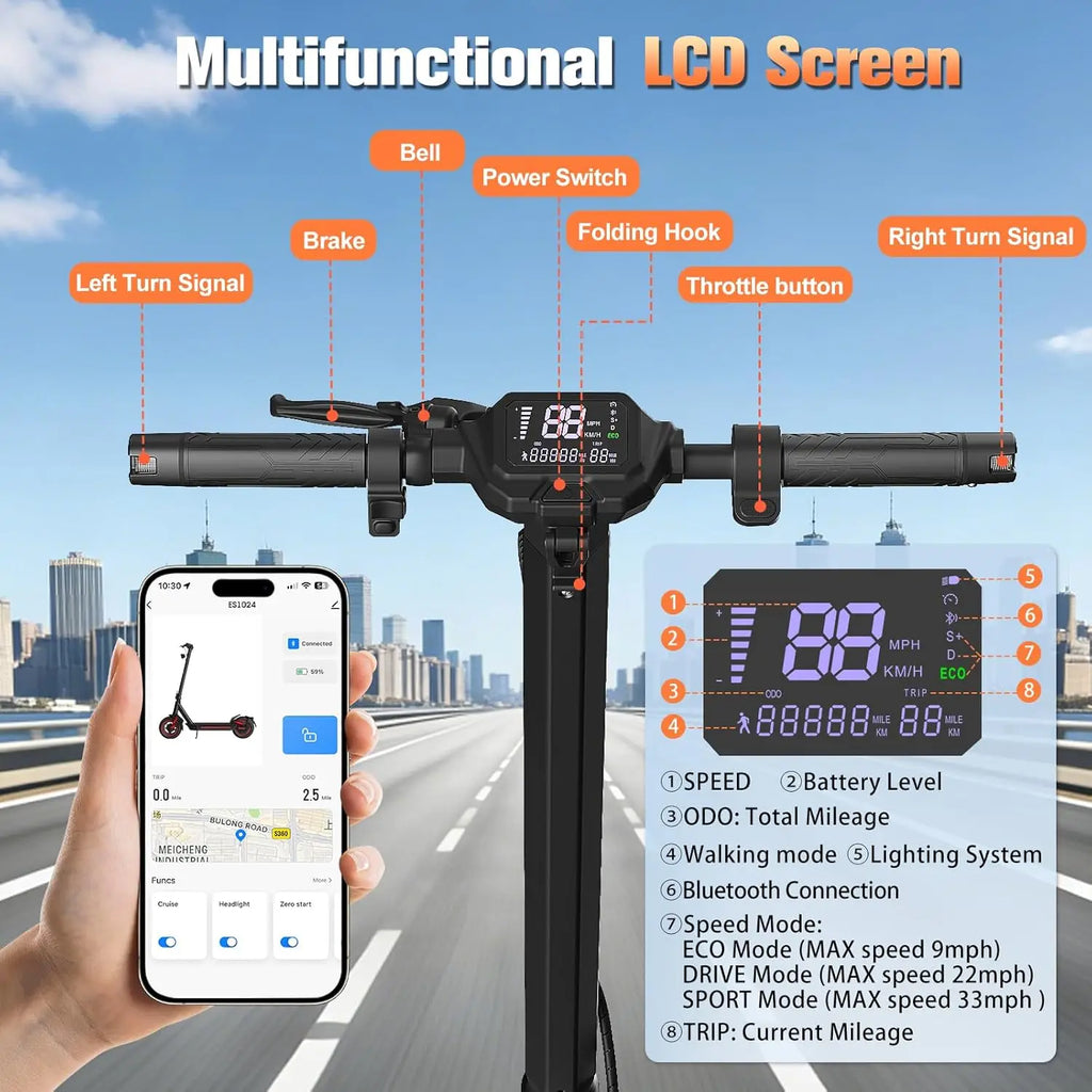 Adult Electric Foldable Scooter 30 MPH Fastest Dual Suspension 1200W Peak Power 33 Miles Long Range 10 Inch Off-Road Tires 48V 15Ah