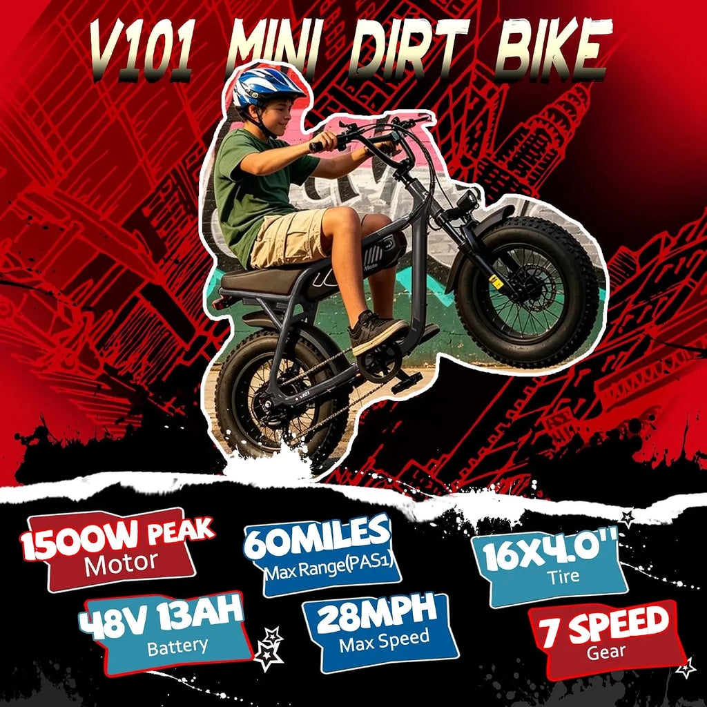 V101 Electric Bike 16"x4.0 Fat Tire 48V13Ah 20MPH 7-Speed Front Suspension Dirt E-Moped 60 Miles Youth & Adults, Customized