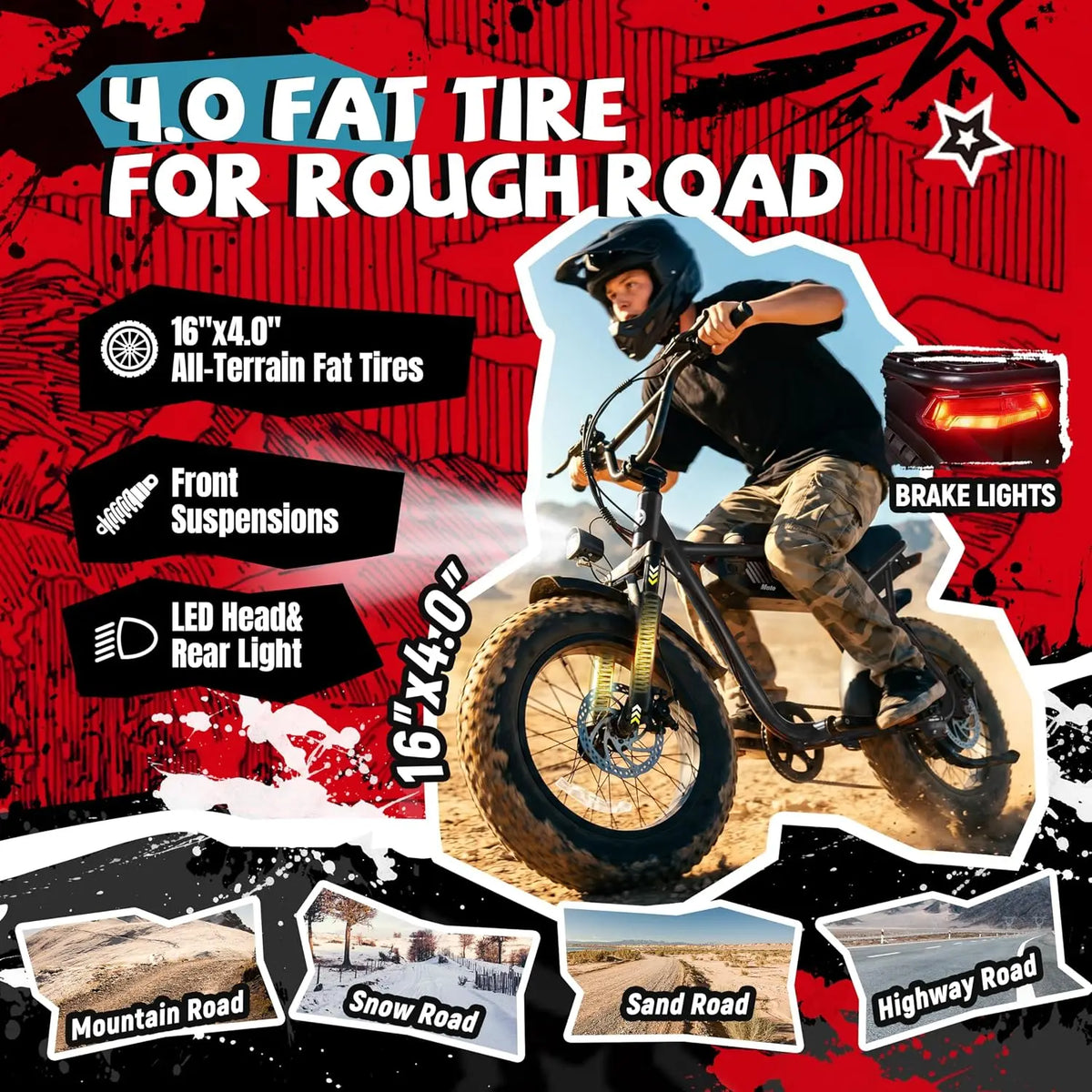 V101 Electric Bike 16"x4.0 Fat Tire 48V13Ah 20MPH 7-Speed Front Suspension Dirt E-Moped 60 Miles Youth & Adults, Customized