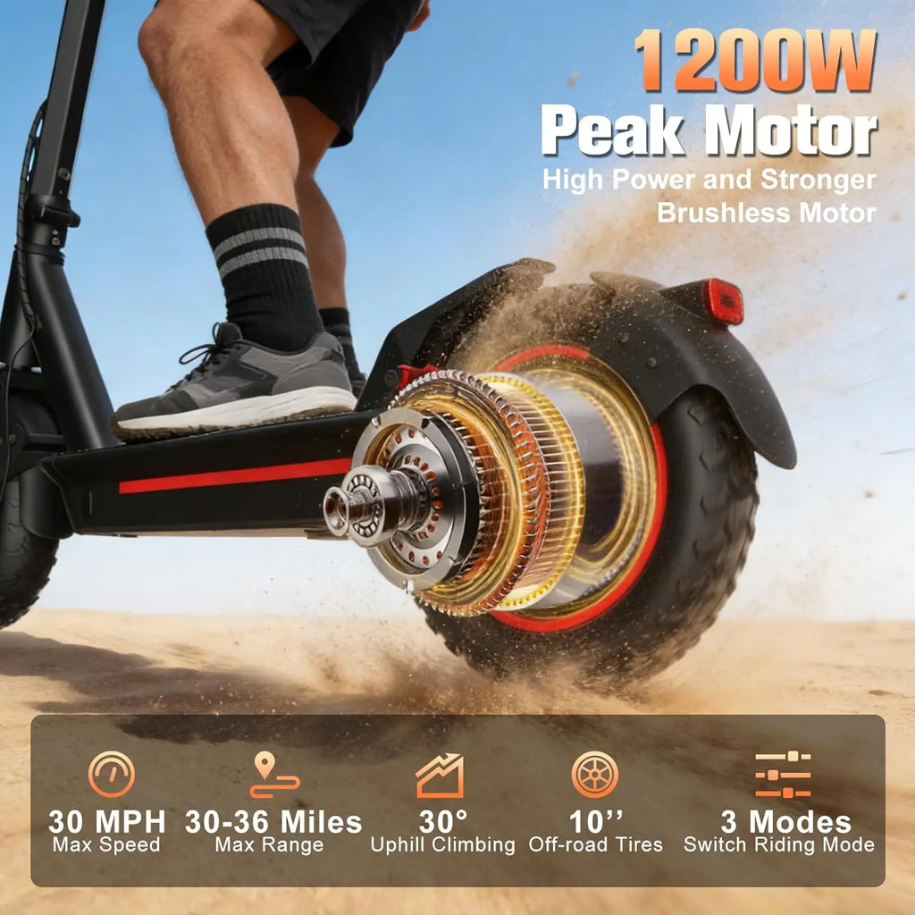 Adult Electric Foldable Scooter 30 MPH Fastest Dual Suspension 1200W Peak Power 33 Miles Long Range 10 Inch Off-Road Tires 48V 15Ah