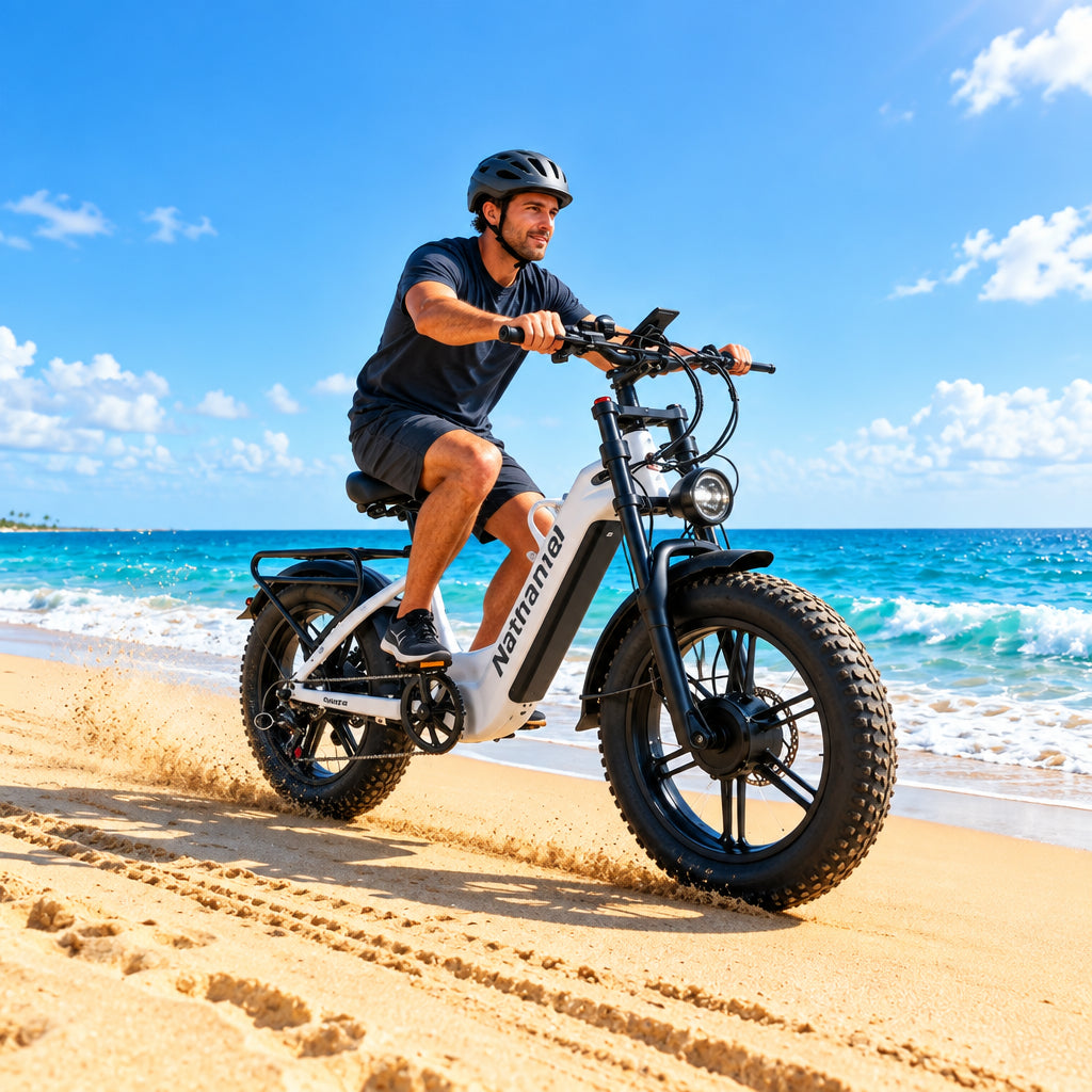 Man riding an electric bike on a sandy beach with blue sky and ocean in the background
